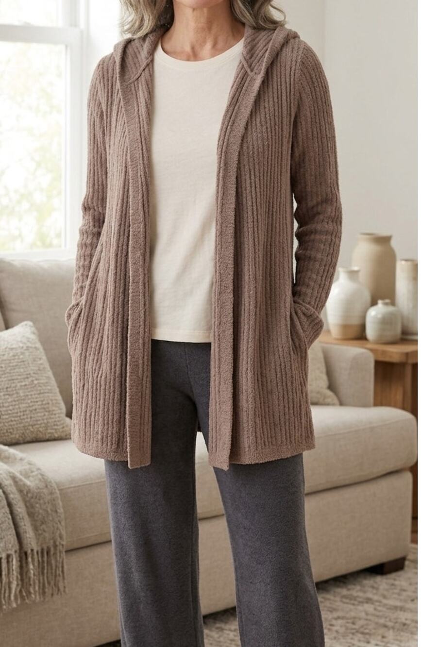 Barefoot Dreams CozyChic Lite Hooded Cardigan Taupe Medium Open Front Ribbed